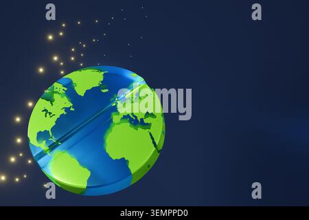 3D render of a round medical tablet textured like planet Earth with continents and glowing golden spark particles. Represents global medicine, world h Stock Photo