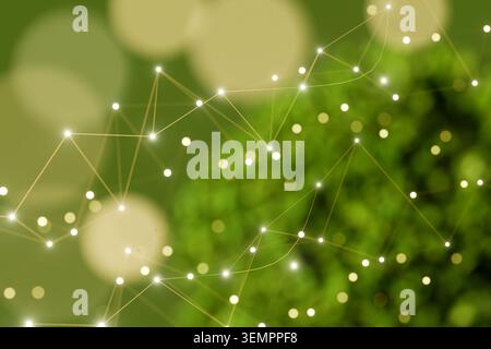 Abstract 3D render of glowing digital network nodes and links overlaying a lush green foliage bokeh background. Concept of bio-technology, smart agric Stock Photo