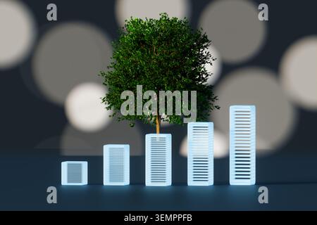 3D render of rising glowing server racks with a growing green tree. Concept of green computing, sustainable IT infrastructure, ESG corporate reports, Stock Photo
