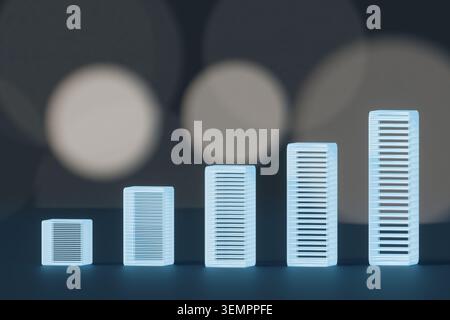 3D render of five blue glowing server columns of increasing height. Concept of cloud computing expansion, big data scaling, hosting infrastructure pro Stock Photo