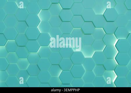 Abstract 3D render of a turquoise hexagon mosaic wall with neon white light glowing through the cracks. Futuristic geometric pattern perfect for tech, Stock Photo