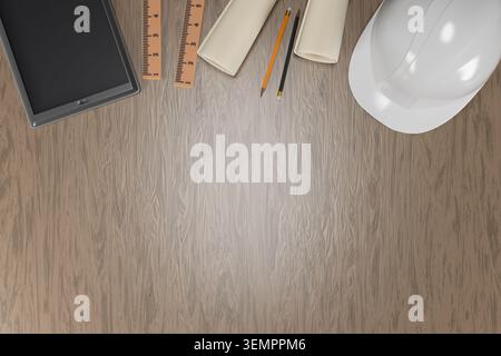 3D illustration of a modern construction planning desk. White hard hat, digital tablet, blueprints, and rulers on a wooden surface with a large copy s Stock Photo