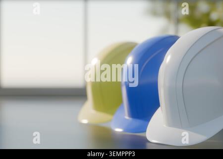 3D render of white, blue, and yellow safety helmets lined up on a dark surface. Concept of construction site management, labor safety compliance, and Stock Photo