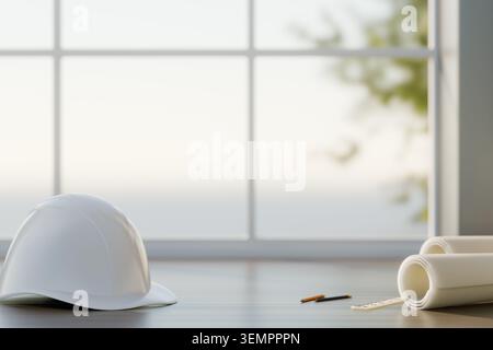 3D render of a white safety helmet and blueprint rolls on a wooden table. Bright workspace near a window, representing architectural planning, constru Stock Photo