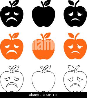 Sad apple face silhouette and line art vector illustration collection Stock Vector