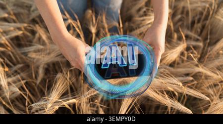 Farmer uses Artificial Intelligence for data analysing. Smart farming concept Stock Photo