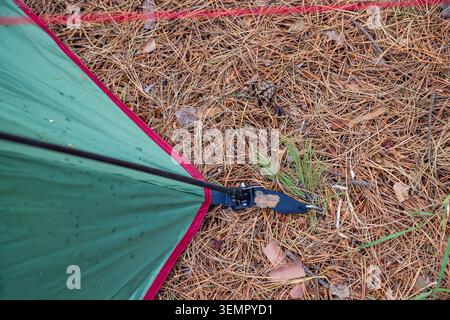 Close up view of green camping tent corner pole attachment on ground. Concept: equipment detail Stock Photo