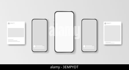 Editable smartphone mockup collection with post, social media templates. Modern vector mobile screen frames for content creators, branding, marketing. Stock Vector