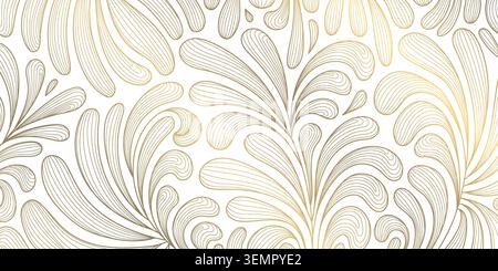 Luxury abstract botanical pattern, golden line leaves, flowers, tropical foliage, art deco style Japanese design. Vector illustration organic texture Stock Vector