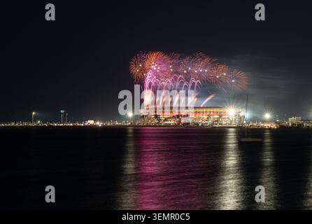 Ras Abu Aboud, Doha, Qatar - January 22, 2026: Night view of Stadium 974 in Doha, Qatar, during a vibrant fireworks display. Stock Photo