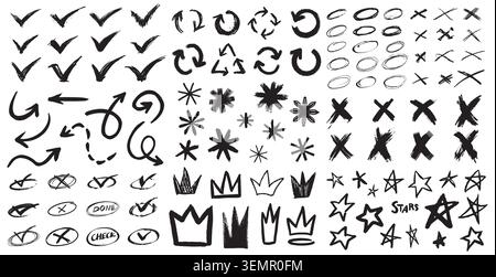 Big collection of hand drawn isolated design elements. Check marks, recycle, stars Doodle sketchy grunge style for highlighting video production Stock Vector