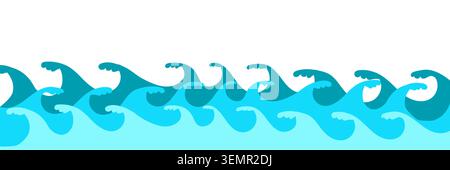 Light blue curly sea wave border design. Stylized ocean surf ripple ornament. Seamless water line pattern background for summer beach vacation poster Stock Vector