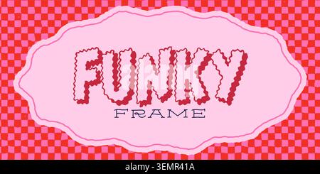 Frame with groovy funky border and wavy shape on checkered seamless background in pink and red y2k colors. Funky frame template for cards, banners and Stock Vector