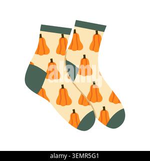 Autumn Pumpkin Socks Vector Illustration Flat Geometric Cozy Fall Footwear Stock Vector