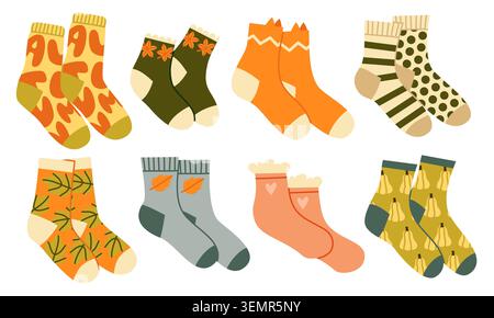 Autumn Socks Vector Set Flat Geometric Cozy Fall Footwear Collection Isolated Stock Vector