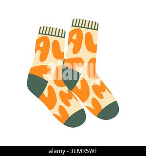 Autumn Lettering Socks Vector Illustration Flat Geometric Cozy Fall Footwear Stock Vector