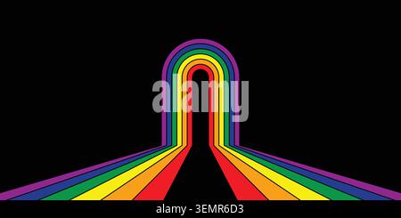 Abstract pride month rainbow background groovy Wavy Line design in 1970s Hippie Retro style Stock Vector