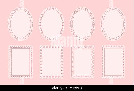 Set of whimsical oval and rectangle frames with decorative outline borders. Vector illustration Stock Vector