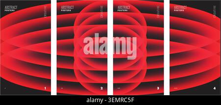 Abstract futuristic poster template set with neon red glowing oval rings on black. Stock Vector