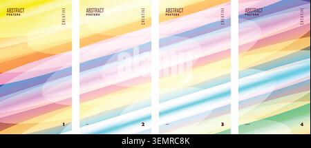 Abstract holographic rainbow poster template set with pastel gradient wave lines. Stock Vector