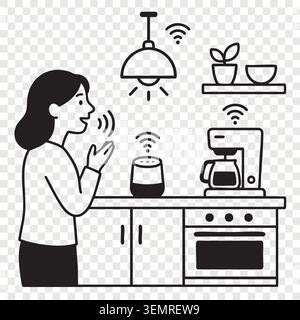 Woman using smart voice assistant speaker in kitchen room Stock Vector