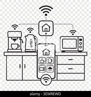 Smart kitchen appliances connected via wireless home network Stock Vector