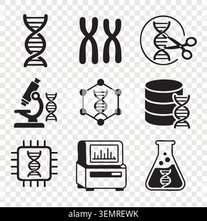 Genetics and dna research line icons set with microscope Stock Vector