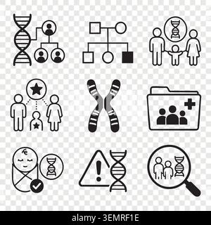 Bioinformatics and genetic genealogy icons set with family Stock Vector