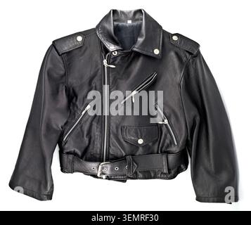 Studded black leather jacket on white background	. Stock Photo