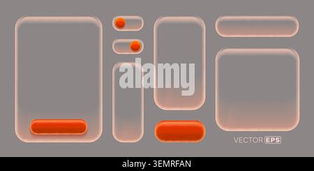 Set of glassmorphism UI elements with translucent frames and orange buttons. This is a modern design kit. Vector illustration. Stock Vector