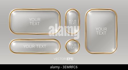 Sleek set of transparent glass UI buttons with golden frames in various shapes. These modern, glossy design elements offer elegant copy space. Vector illustration. Stock Vector