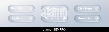 Set Glass buttons download call and subscribe cta with like liquid ui. Web box 3d and glass now action with info share download. Text glass element Stock Vector