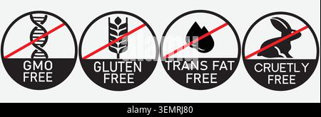 GMO Free Gluten Free Trans Fat Free Cruelty Free Icons Pack | Organic Healthy Food Product Packaging Labels Vector Set | Non-GMO Vegan Coeliac Safety Stock Vector