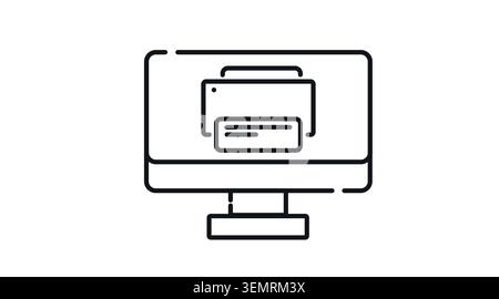 Desktop computer and printer icon: PC workstation displaying print management symbol on screen, minimalist black line art vector illustration. Stock Vector