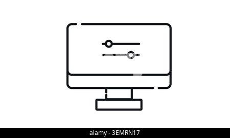 Desktop computer settings and equalizer icon: PC workstation displaying adjustment sliders on screen, minimalist black line art vector illustration. Stock Vector