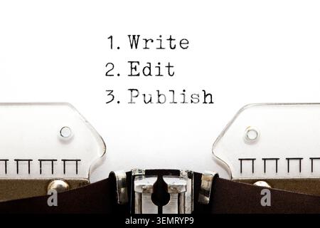 Words Write, Edit, Publish written on vintage typewriter. Stock Photo