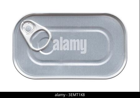 Unopened tin can, with ring-pull lid, from above. Rectangular easy-open can, a rigid, cylindrical metal container for convenient, tool-free opening. Stock Photo