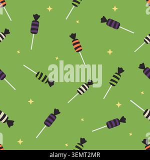 Seamless Halloween pattern featuring colorful wrapped candies, lollipops, and sparkling stars on a green background. Perfect for textiles, wallpapers, Stock Vector