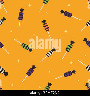 Cute Halloween seamless pattern background with colorful striped candies, lollipops and yellow stars. Vector illustration on orange background for fab Stock Vector
