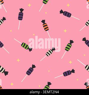 Cute Halloween seamless pattern background with colorful striped candies, lollipops and yellow stars. Vector illustration on pink background for fabri Stock Vector