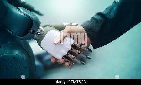 AI Robot shaking hands with man. Close up of human shaking hand with robotic arm. Symbolizing collaborate between people and artificial intelligence o Stock Photo