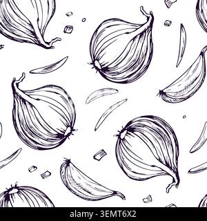 Seamless pattern with hand drawn onions. Ink sketch style illustration of sliced and whole onion bulbs. Culinary vegetable background for kitchen Stock Vector