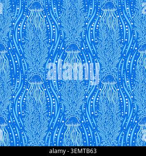 Damask modern seamless pattern element with jellyfish and corals. Vintage classical old fashioned damask ornament, seamless texture for wallpapers Stock Vector