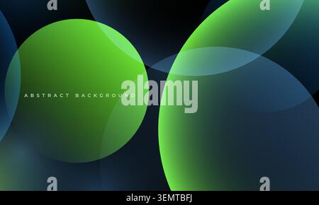Modern abstract background with large translucent green and blue circular shapes layered over a dark gradient background, creating a sleek, futuristic Stock Vector