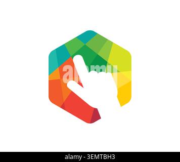 A vibrant hexagonal logo design composed of multi-colored geometric tiles featuring a white silhouette of a finger Stock Vector