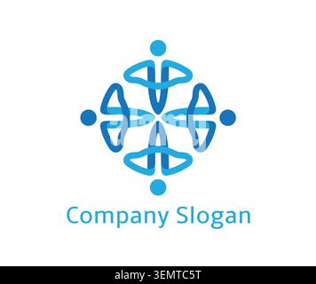 A modern blue logo featuring abstract human figures arranged in a connected circle, symbolizing teamwork and global Stock Vector