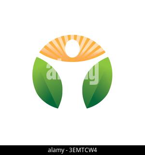 An abstract logo featuring two green leaves surrounding a glowing golden circular center Stock Vector
