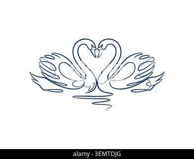 An elegant line art drawing of two swans facing each other with necks creating a heart shape Stock Vector