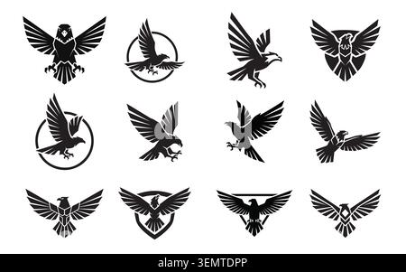 A collection of twelve black silhouette eagle icons featuring birds in various flying and perched poses for heraldic Stock Vector
