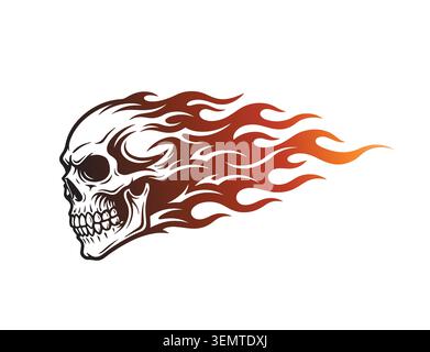 An intense graphic design element depicting a human skull engulfed in realistic orange flames Stock Vector